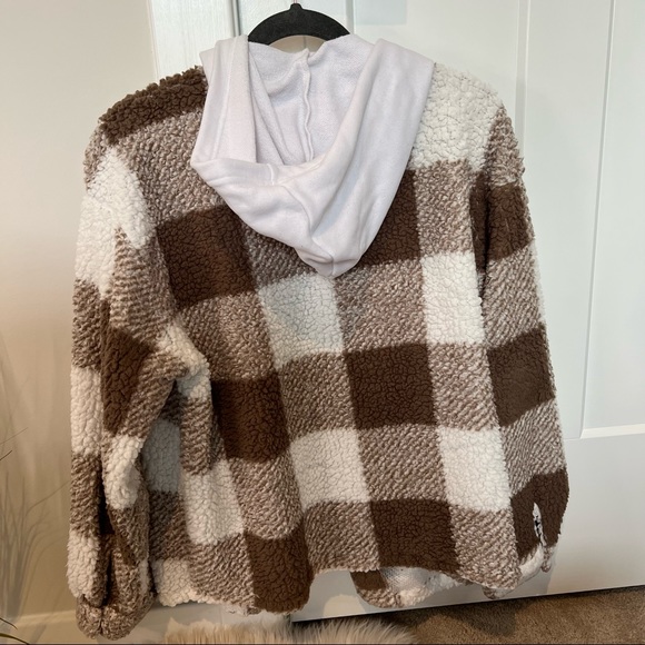 SHEIN Flap Pocket Contrast Hooded Buffalo Plaid Teddy Coat size L - Picture 9 of 10